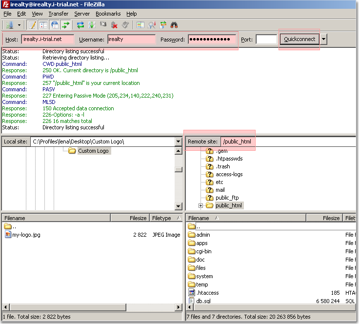 Connect to server using FTP client